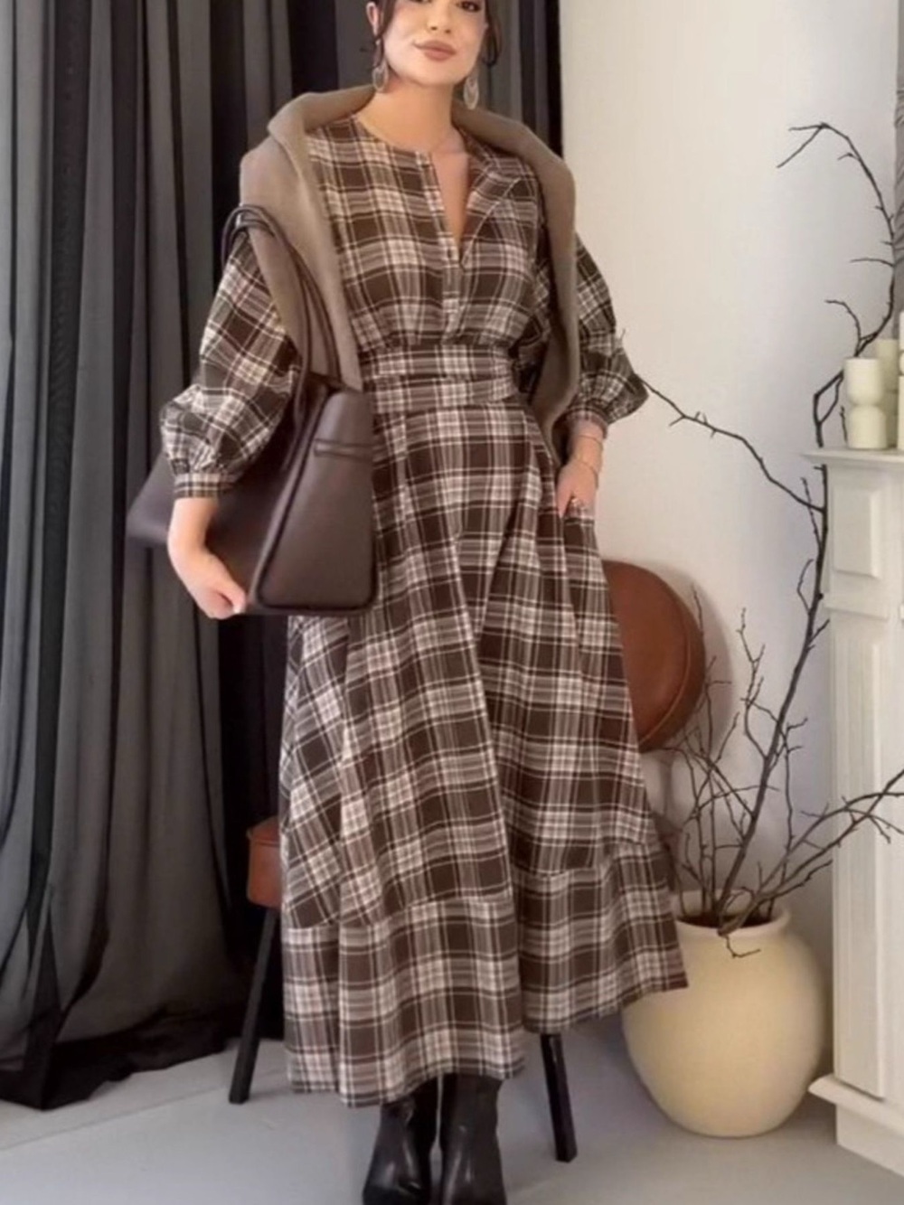 Vintage Plaid Puff Sleeve Midi Dress